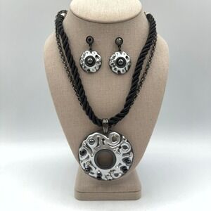 Chico's Jewelry Set Black Silver Tone Statement Cord Pendant Necklace Modernist